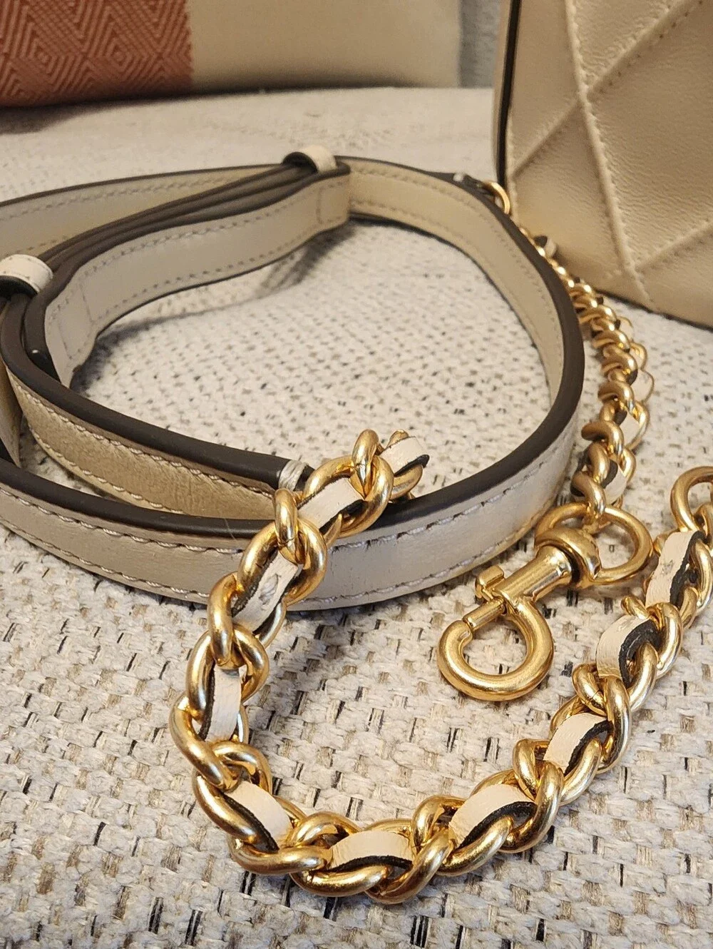 Tory Burch Cream Quilted Drawstring Bucket Bag